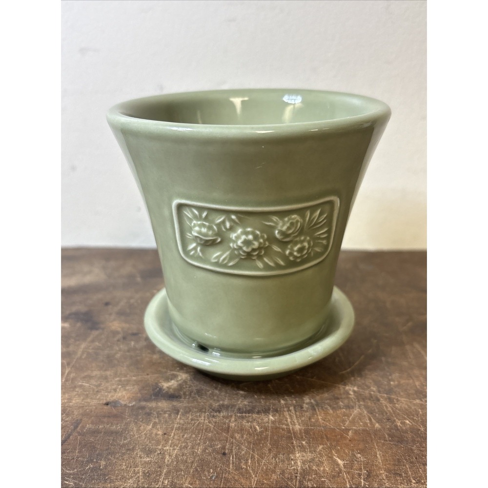 Longaberger May Series Peony Sage Green Flower Pot Attached Saucer 4" USA Made